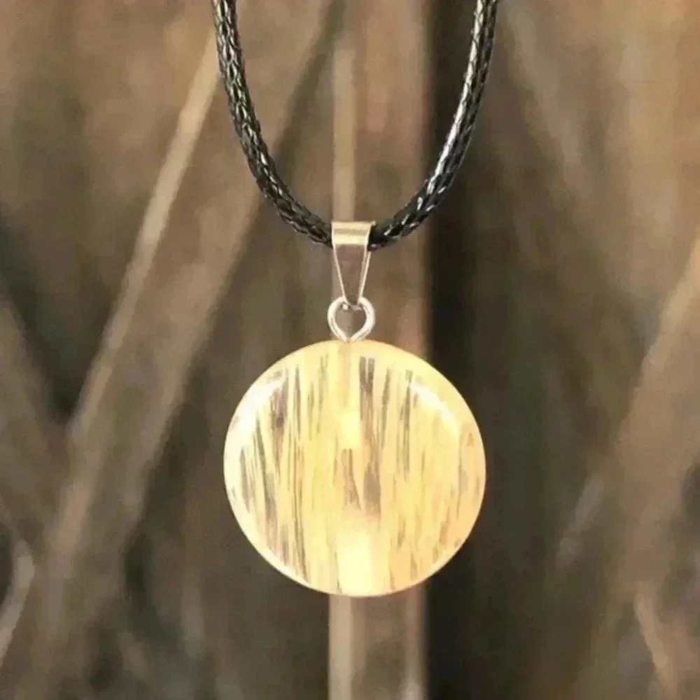Yellow Calcite Organic Round Circle Natural Braided Stainless Steel Necklace